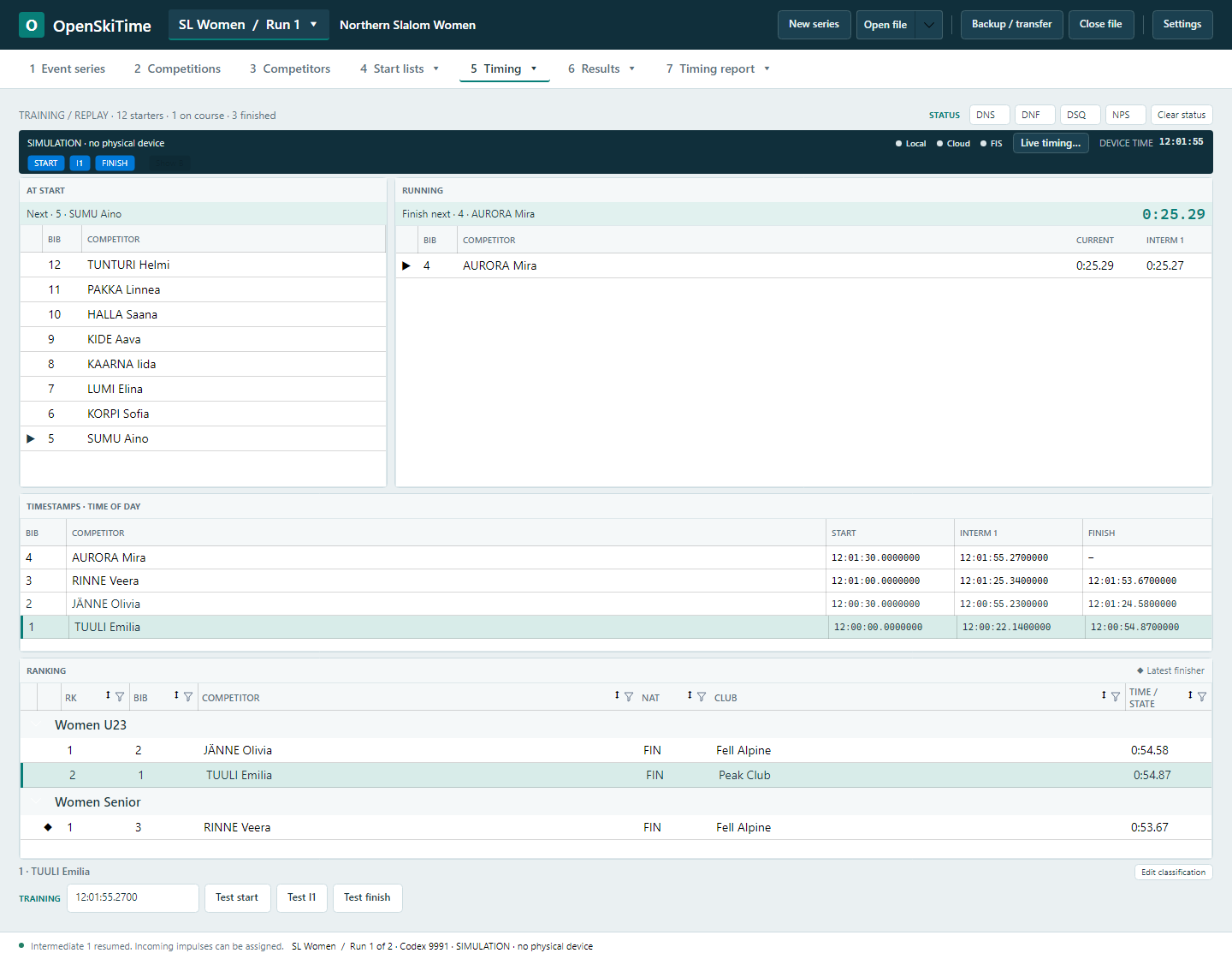 OpenSkiTime race control showing starters, racers on course, captured timestamps and ranking for a fictional slalom race